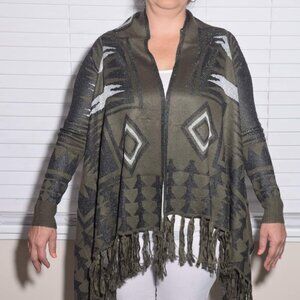 Ethnic Design Cardigan Green With Black Tones Warm Sweaters